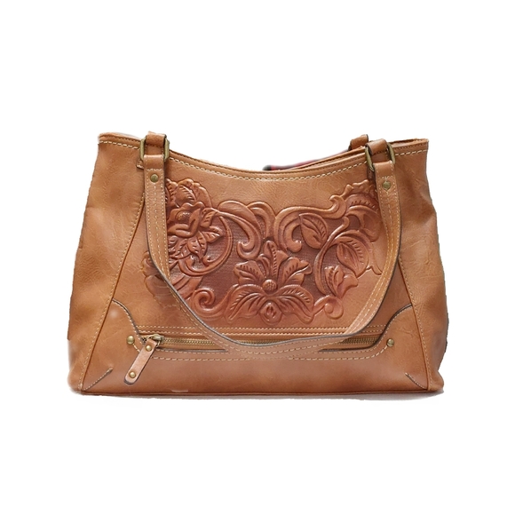 Concept Womens Brown Flower Embossed Faux Leather 2 Handle Shoulder Bag - Picture 2 of 5